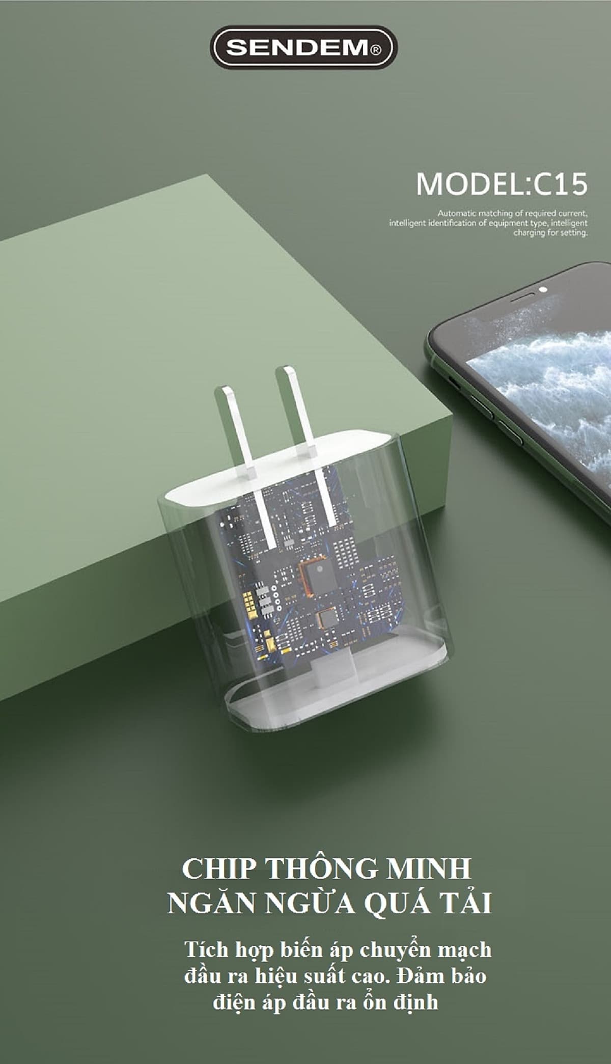 Củ sạc nhanh 18W SENDEM C15 cổng USB Type C hỗ trợ PD Super Chager cho điện thoại iPhone 11, iPhone 11 Pro, iPhone 11 Pro Max, iPad, Macbook - Hàng chính hãng