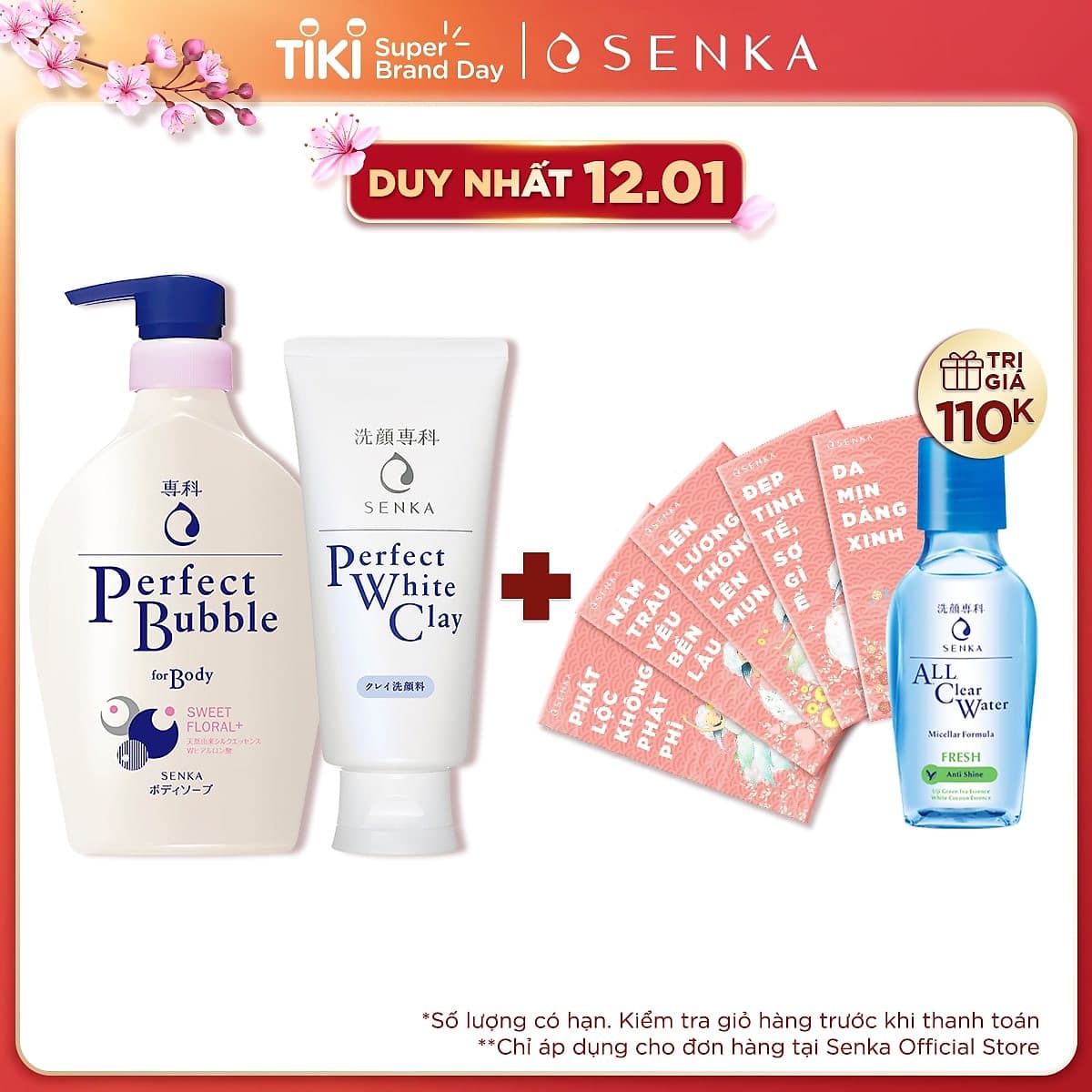 Combo Sữa tắm dưỡng ẩm Senka Perfect Whip hương hoa hồng, đinh hương 500ml và Sữa rửa mặt chiết xuất đất sét trắng Senka Perfect Whip Clay 120g