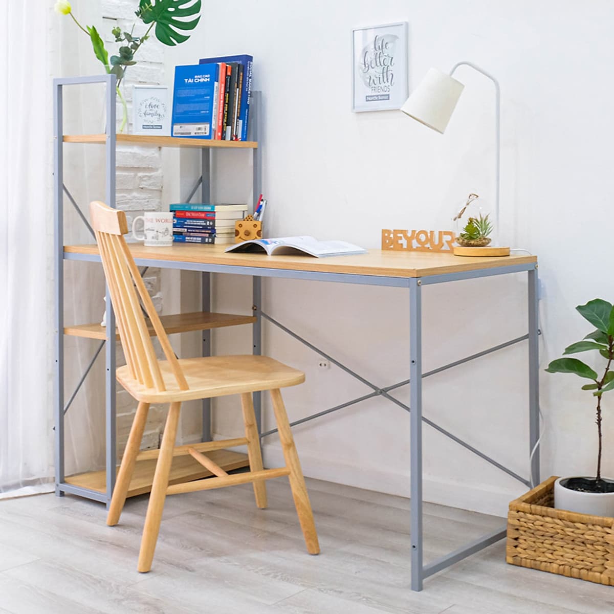 Bàn Làm Việc BEYOURs Neuly Table Gỗ Chân Sắt Phối Kệ Sách Đa Năng