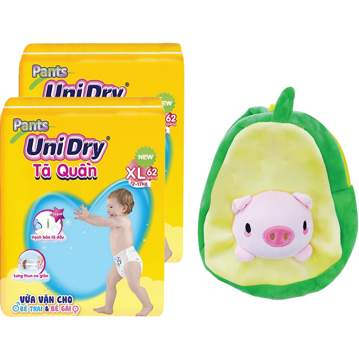 Combo 2 Tã Quần UniDry Ultra Jumbo XL62 - Tặng 01 Balo Trái Bơ Mặt Heo