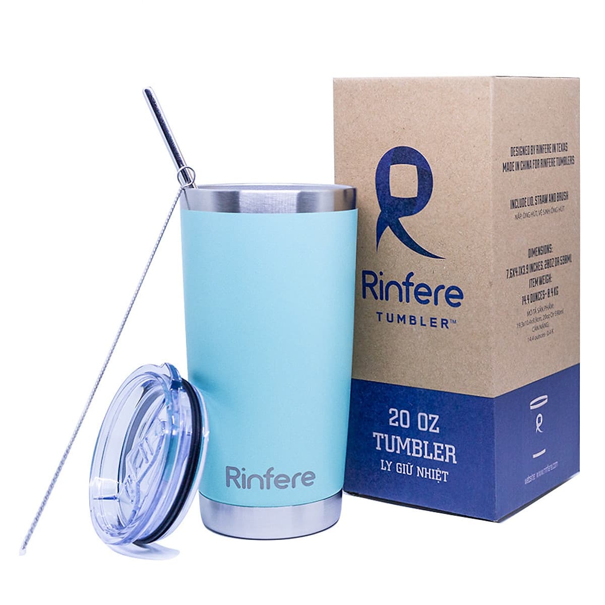 Ly Giữ Nhiệt Nắp Trượt Chống Tràn Rinfere - Tặng Kèm Ống Hút Không Gỉ, Dụng Cụ Vệ Sinh Ông Hút (590ml)