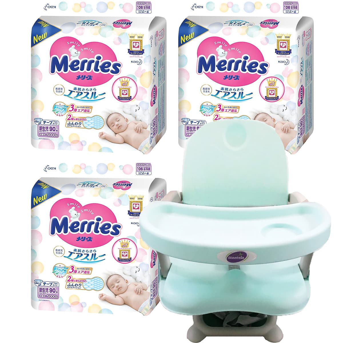 Combo 3 gói tã dán/quần Merries nội địa Nhật tặng ghế ăn dặm Mastela 1013 cho bé