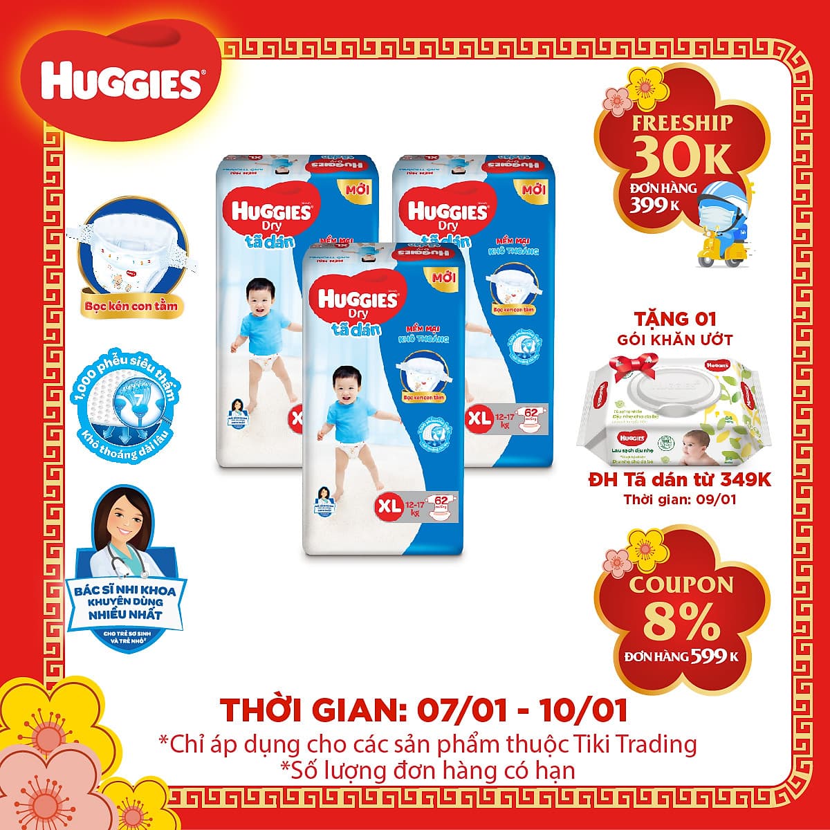 Combo 3 Gói Tã Dán Huggies Dry Gói Cực Đại XL62 (62 Miếng) - Bao Bì Mới