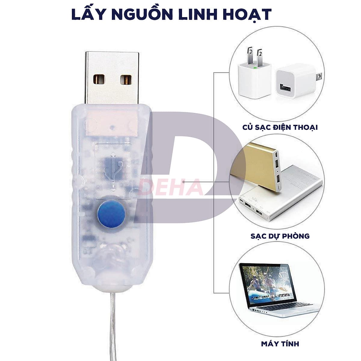 Dây đèn led đom đóm DEHA trang trí nguồn USB kèm điều khiển 8 chế độ nháy vàng nắng