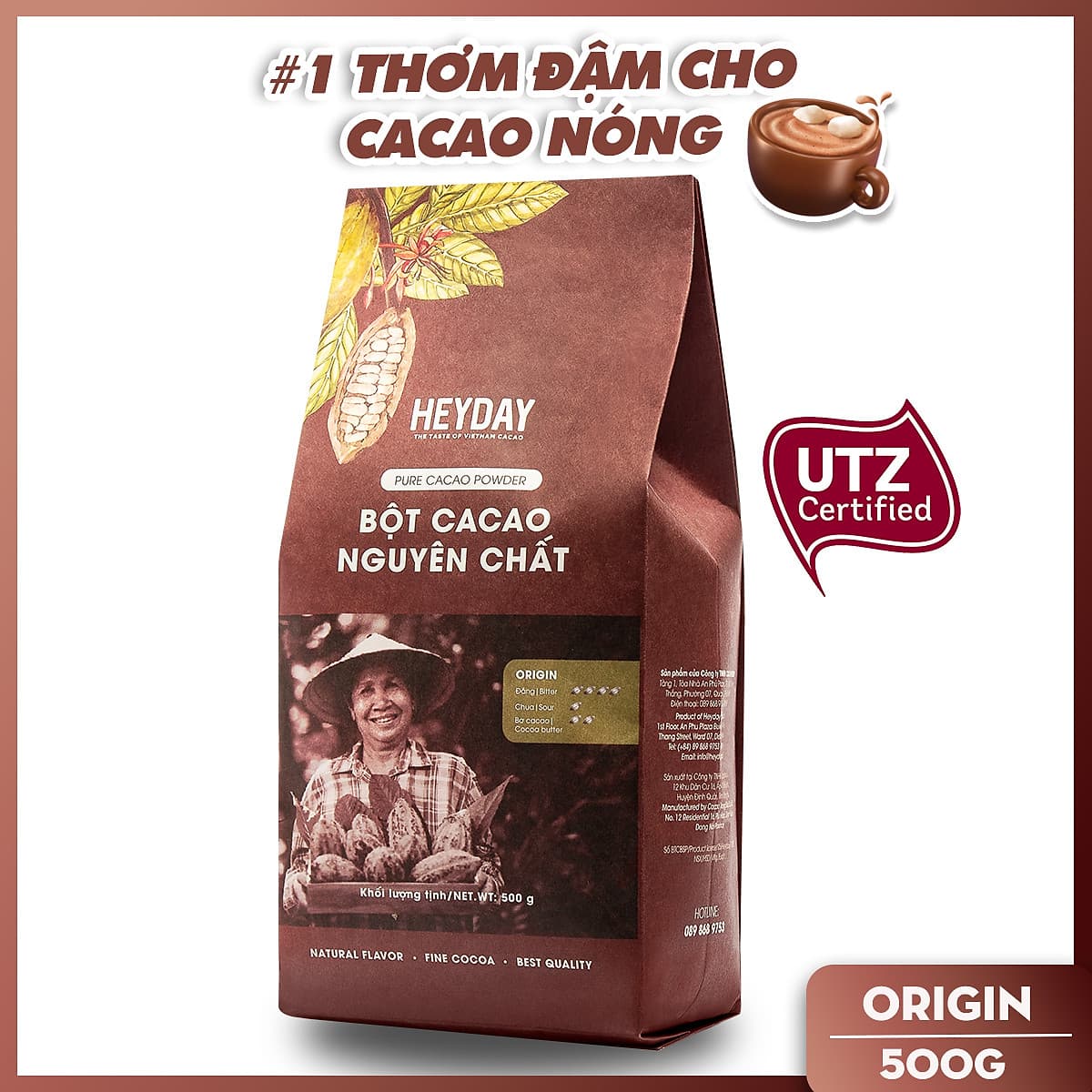 Bột cacao nguyên chất 100% Việt Nam - Dòng Origin thượng hạng túi giấy 500g - Heyday Cacao