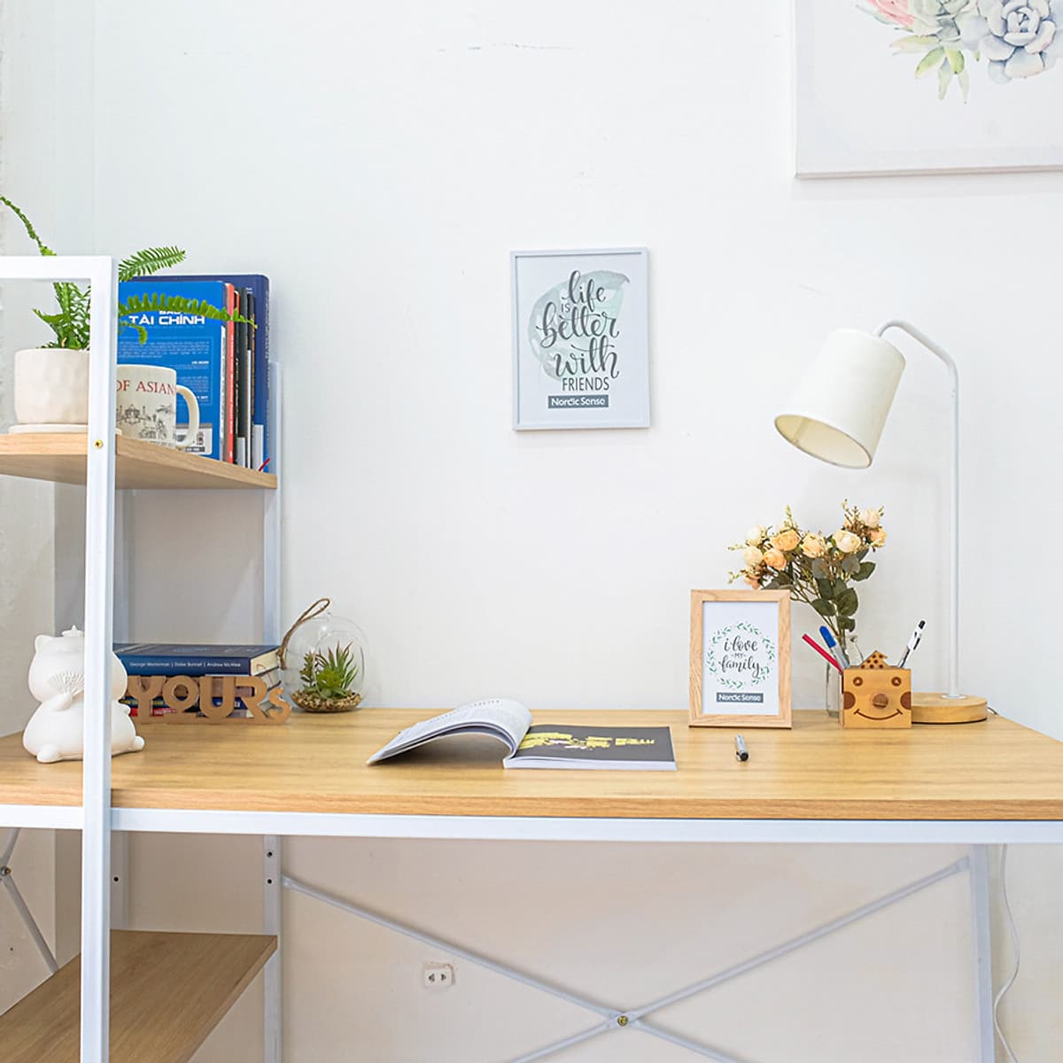 Bàn Làm Việc BEYOURs Neuly Table Gỗ Chân Sắt Phối Kệ Sách Đa Năng