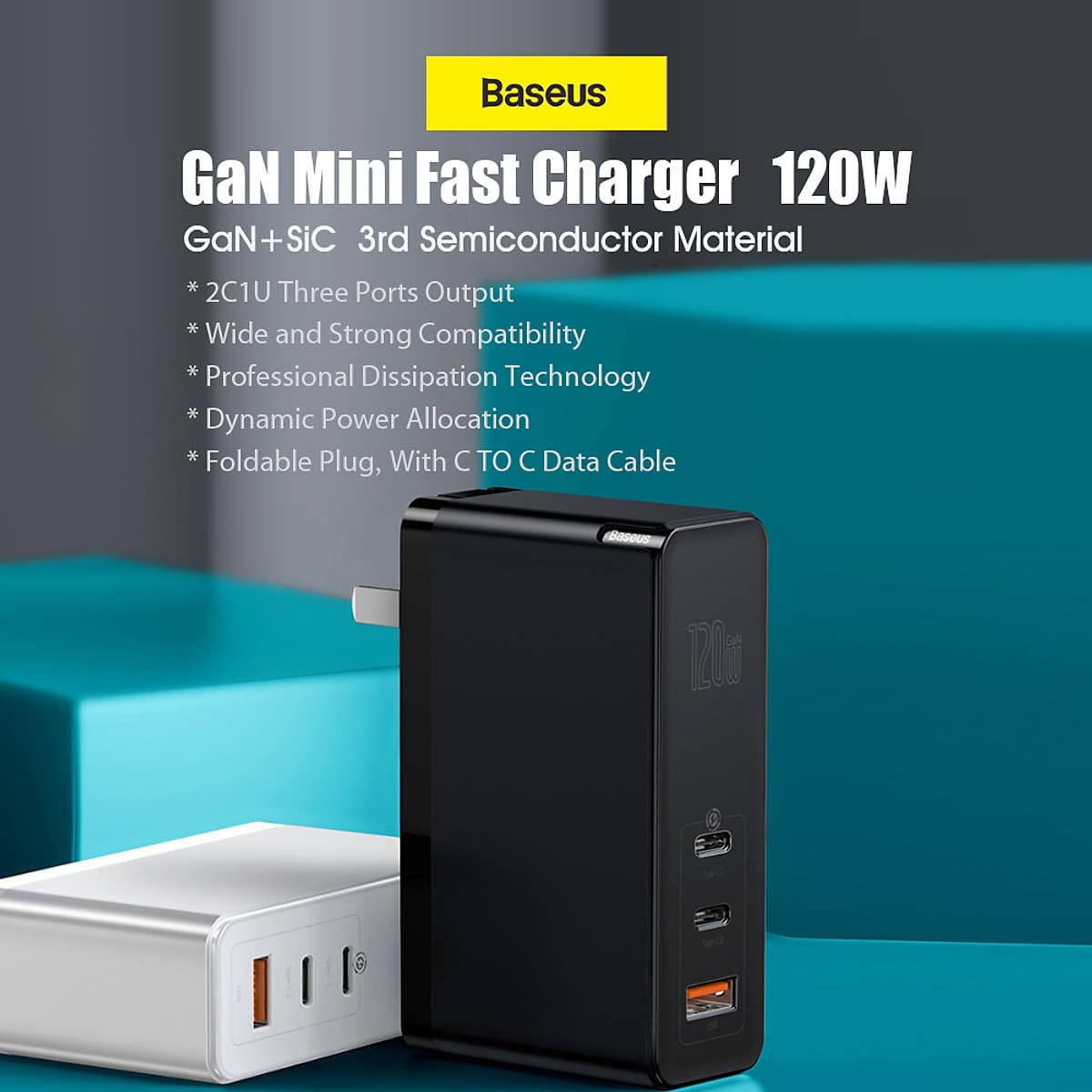 Củ sạc nhanh Baseus GaN 120W 120W PD3.0 QC3.0 SCP FCP 3 cổng sạc với 2 cổng Type-C và 1 cổng sạc mini cho laptop