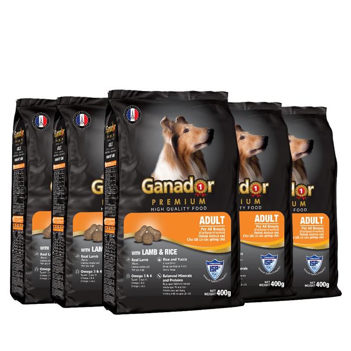 Combo 5 gói thức ăn cho chó trưởng thành Ganador vị thịt cừu & gạo Lamb & Rice 400gram