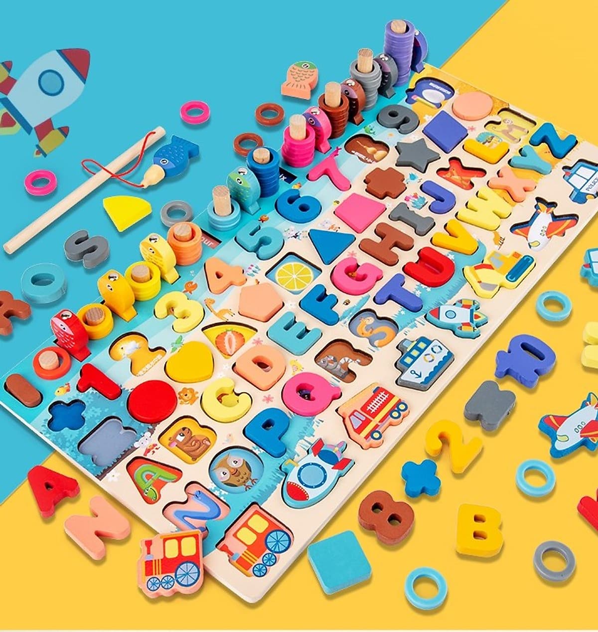 Bộ Đồ Chơi Gỗ Xếp Khối, Giáo Cụ Montessori Ghép chữ, Ghép số, Câu Cá, Xếp Khối, Ghép Hình - 6 trong 1 