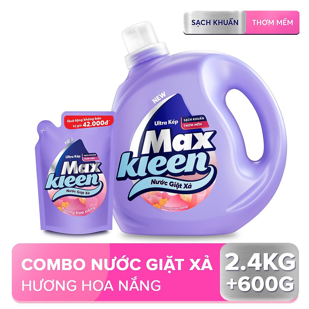Chai Nước Giặt Xả Maxkleen Hương Hoa Nắng Sạch Khuẩn Thơm Mềm Tiện Lợi & Tiết Kiệm 2.4Kg Tặng Túi 600G