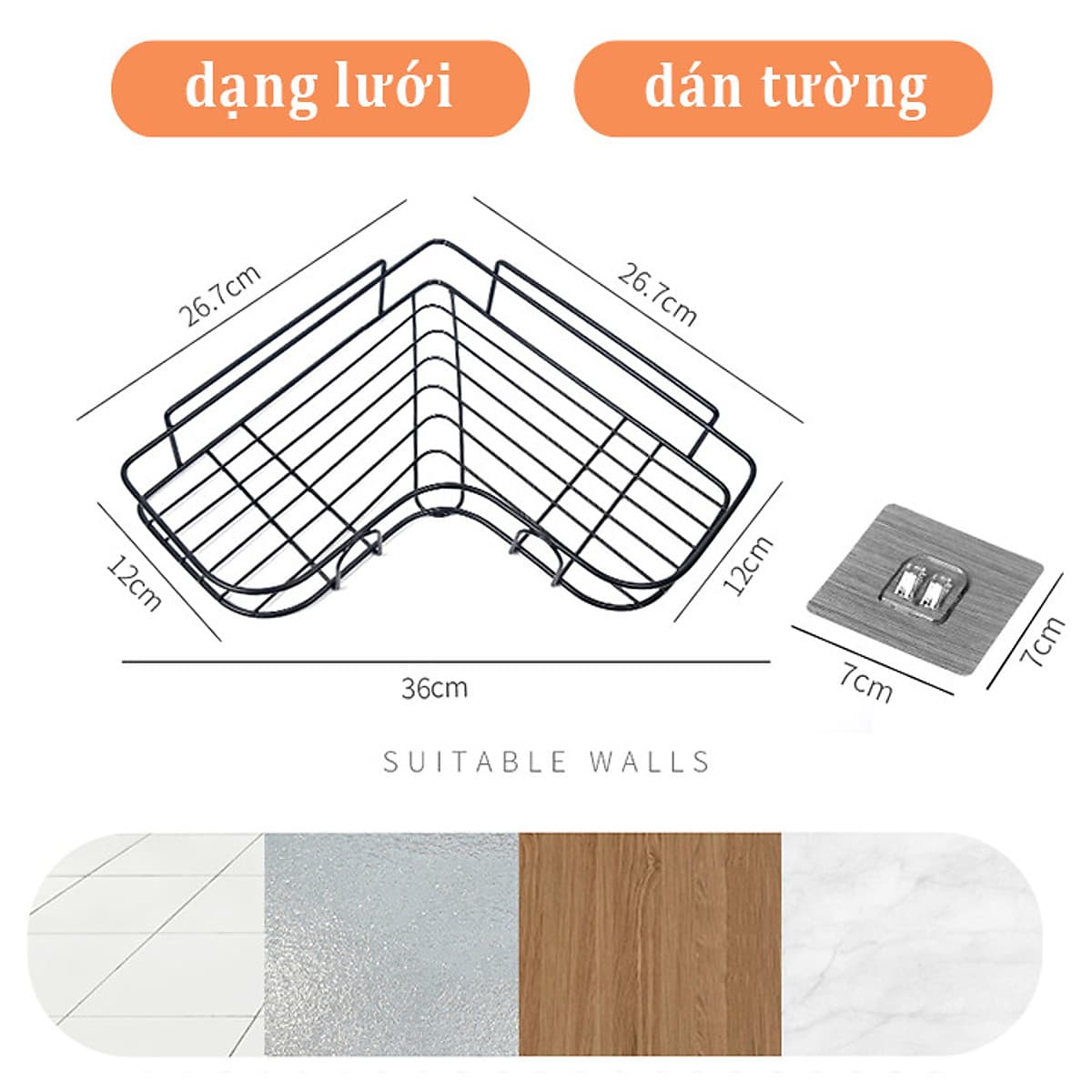 Kệ dán góc tường tam giác đựng đồ nhà tắm, nhà bếp kim loại