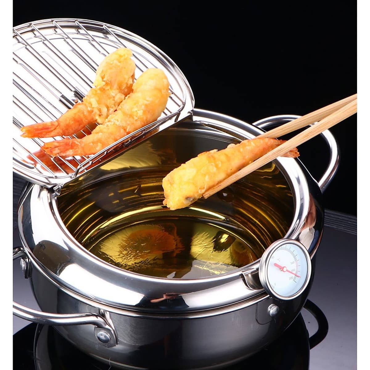 Nồi Chiên Inox Kèm Khay Ráo Dầu Có Đồng Hồ Cảm Biến Nhiệt Kiểm Soát Nhiệt Độ - 20.5x11.3cm, 860g