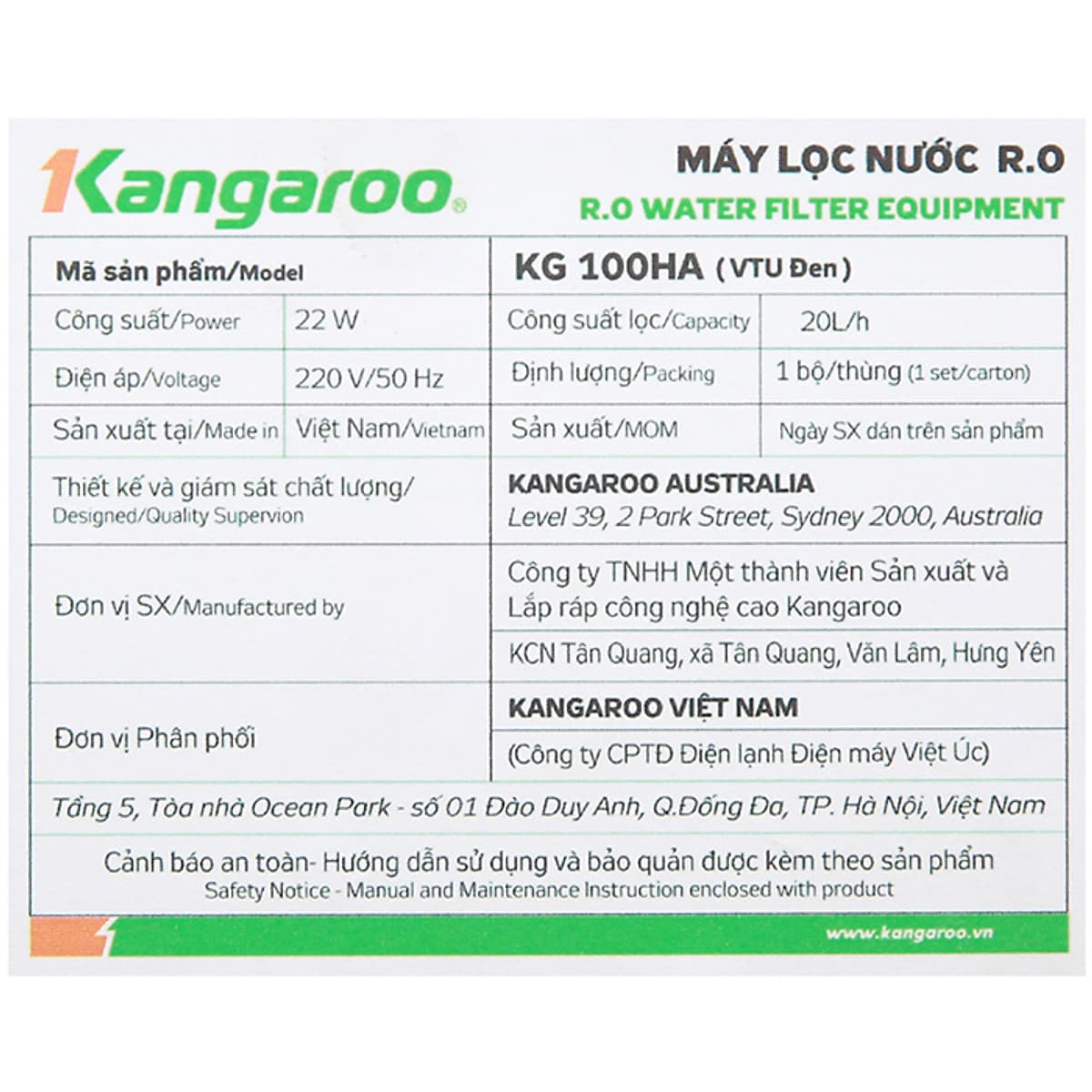 Máy Lọc Nước RO 9 Lõi Hydrogen Kangaroo KG100HAVTU - Hàng chính hãng