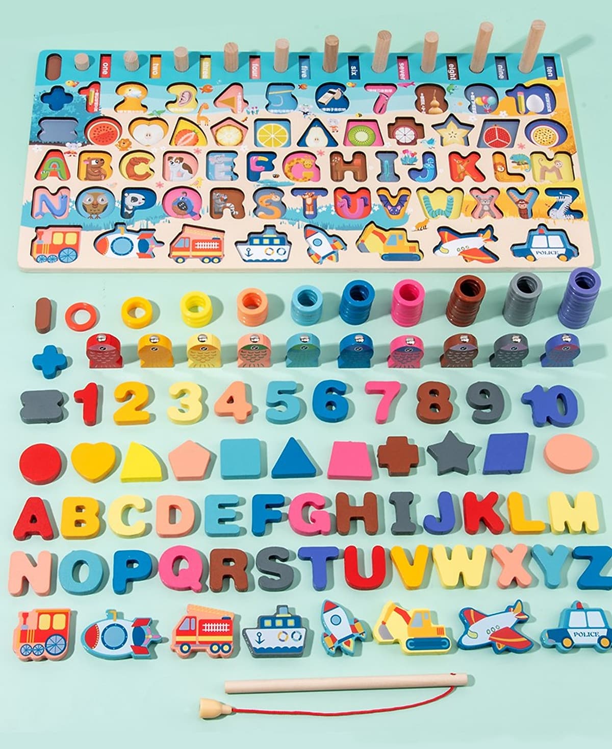 Bộ Đồ Chơi Gỗ Xếp Khối, Giáo Cụ Montessori Ghép chữ, Ghép số, Câu Cá, Xếp Khối, Ghép Hình - 6 trong 1 