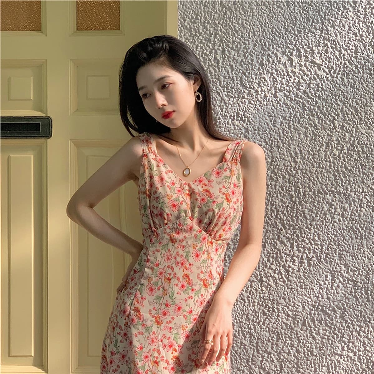 Đầm Voan Hai Dây Cổ Tim In Họa Tiết Hoa Trang Nhã Dành Cho Nữ