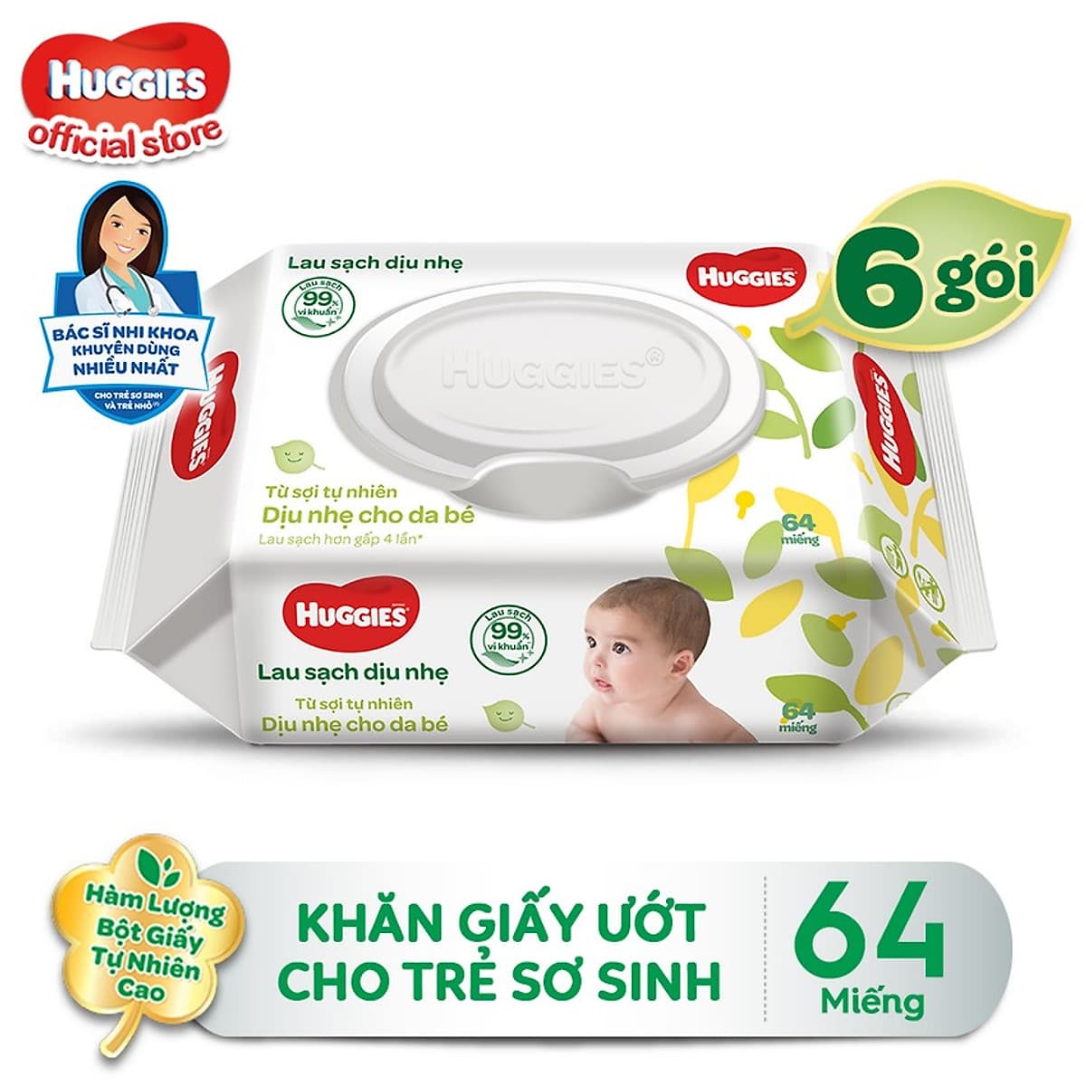 Combo 6 Gói Khăn giấy ướt cho trẻ sơ sinh Huggies không mùi, gói 64 tờ