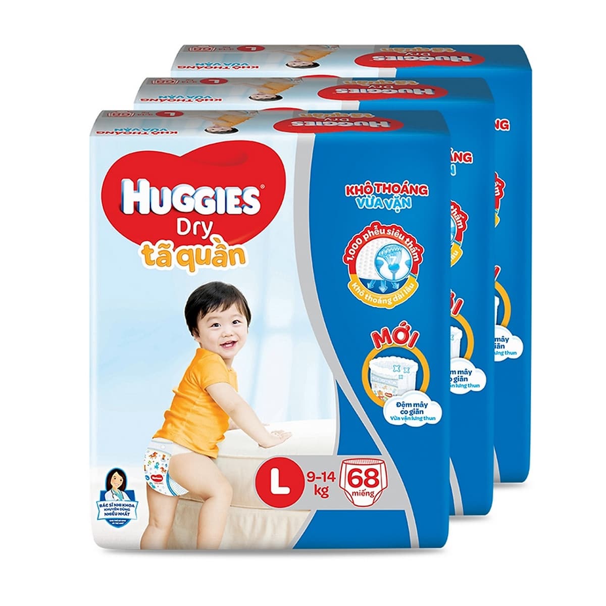 Combo 3 Tã quần HUGGIES DRY PANTS SUPER JUMBO L68 (8 - 13kg)  - Gói 68 miếng 