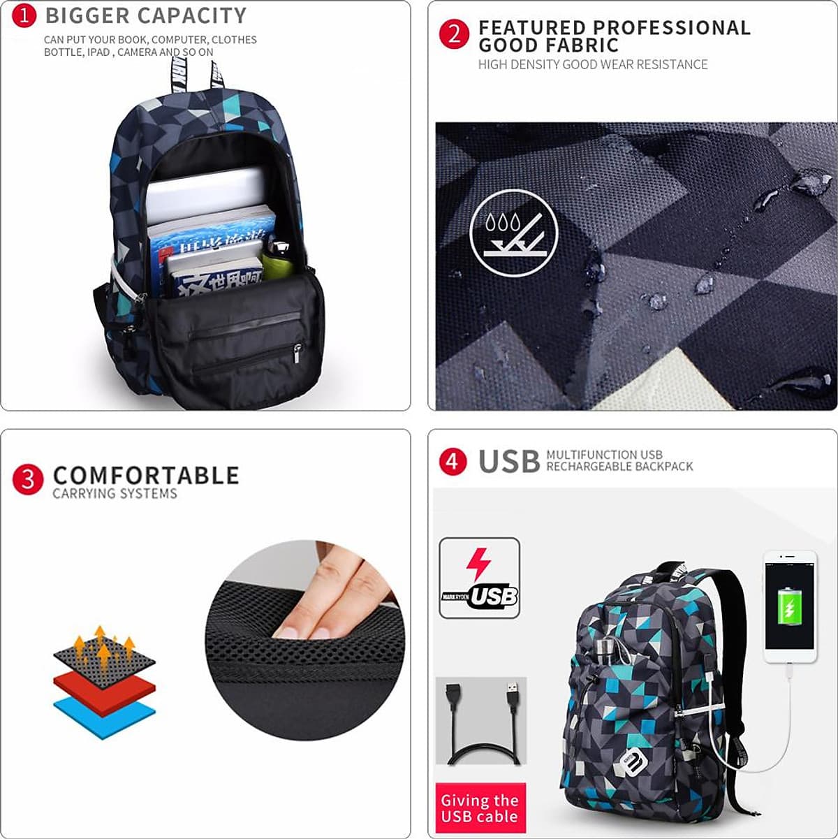 MARK RYDEN Portable Waterproof Multi-Function Outdoor Sport Laptop Men Backpack Leisure Students Schoolbag USB Charge
