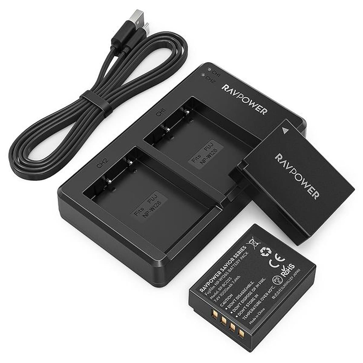 Bộ 2 pin và đế sạc kép RAVPower RP-BC023 tương thích Fujifilm NP-W126S, FinePix X-A5,...  - Hàng Chính Hãng