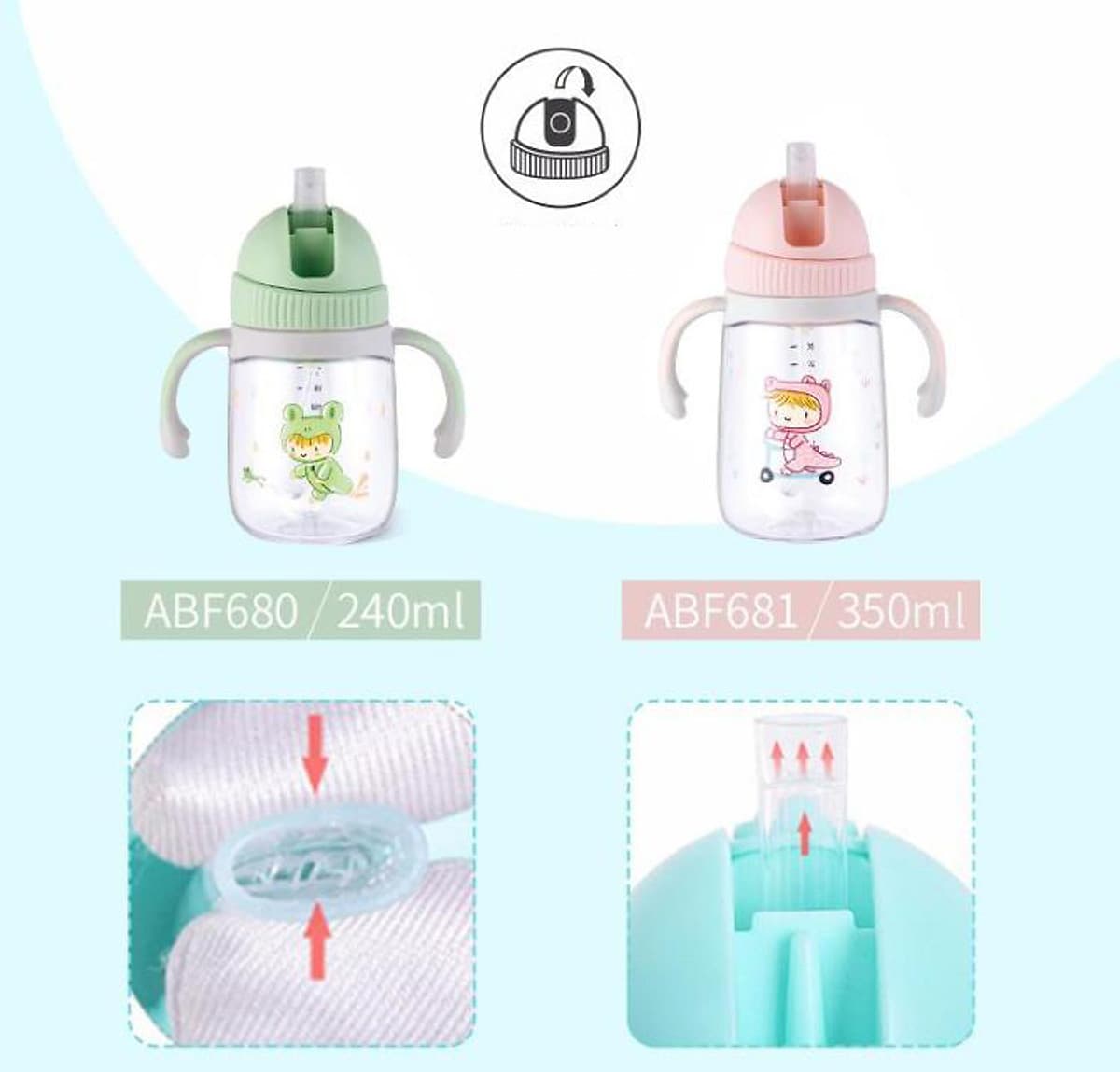 Bình tập uống nước cho bé Lock&Lock 240ml 350ml - Hàng chính hãng, chất liệu nhựa Tritan, có ống hút, có quai cầm, chống sặc, họa tiết ngẫu nhiên