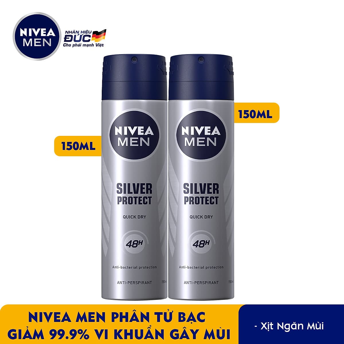 Bộ đôi Xịt Ngăn Mùi NIVEA MEN Silver Protect Phân Tử Bạc Giảm 99.9% Vi Khuẩn Gây Mùi (150mlx2) - 82959