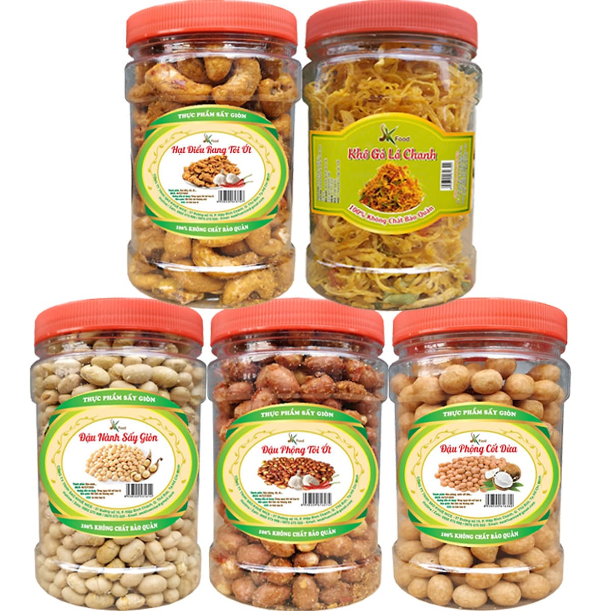Combo 5 Hũ: ĐIỀU RANG TỎI ỚT 200G- KHÔ GÀ 100G- ĐẬU PHỘNG TỎI ỚT 200G- ĐẬU CỐT DỪA 200G- ĐẬU NÀNH 200G HIỆU SK FOOD
