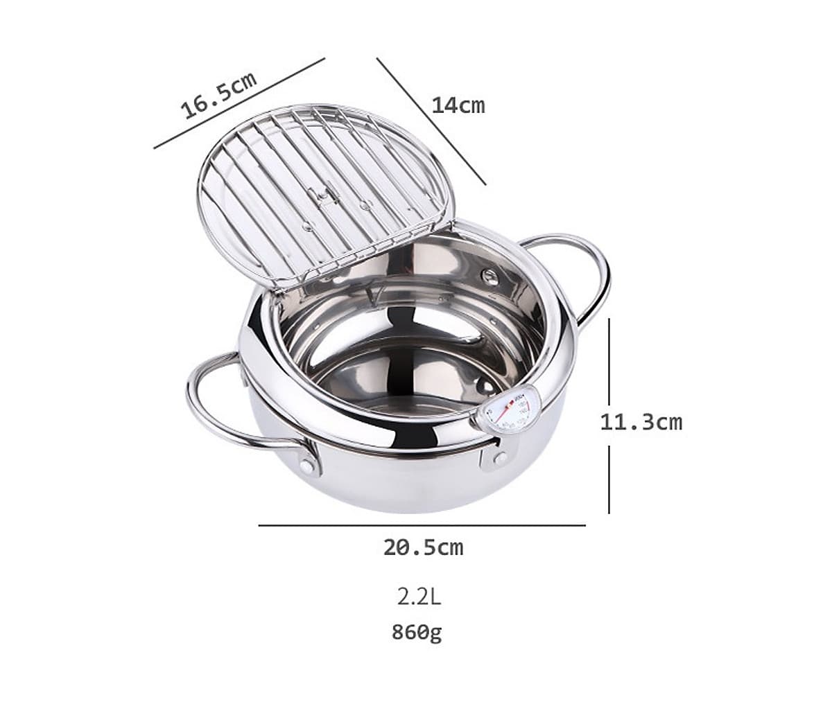 Nồi Chiên Inox Kèm Khay Ráo Dầu Có Đồng Hồ Cảm Biến Nhiệt Kiểm Soát Nhiệt Độ - 20.5x11.3cm, 860g