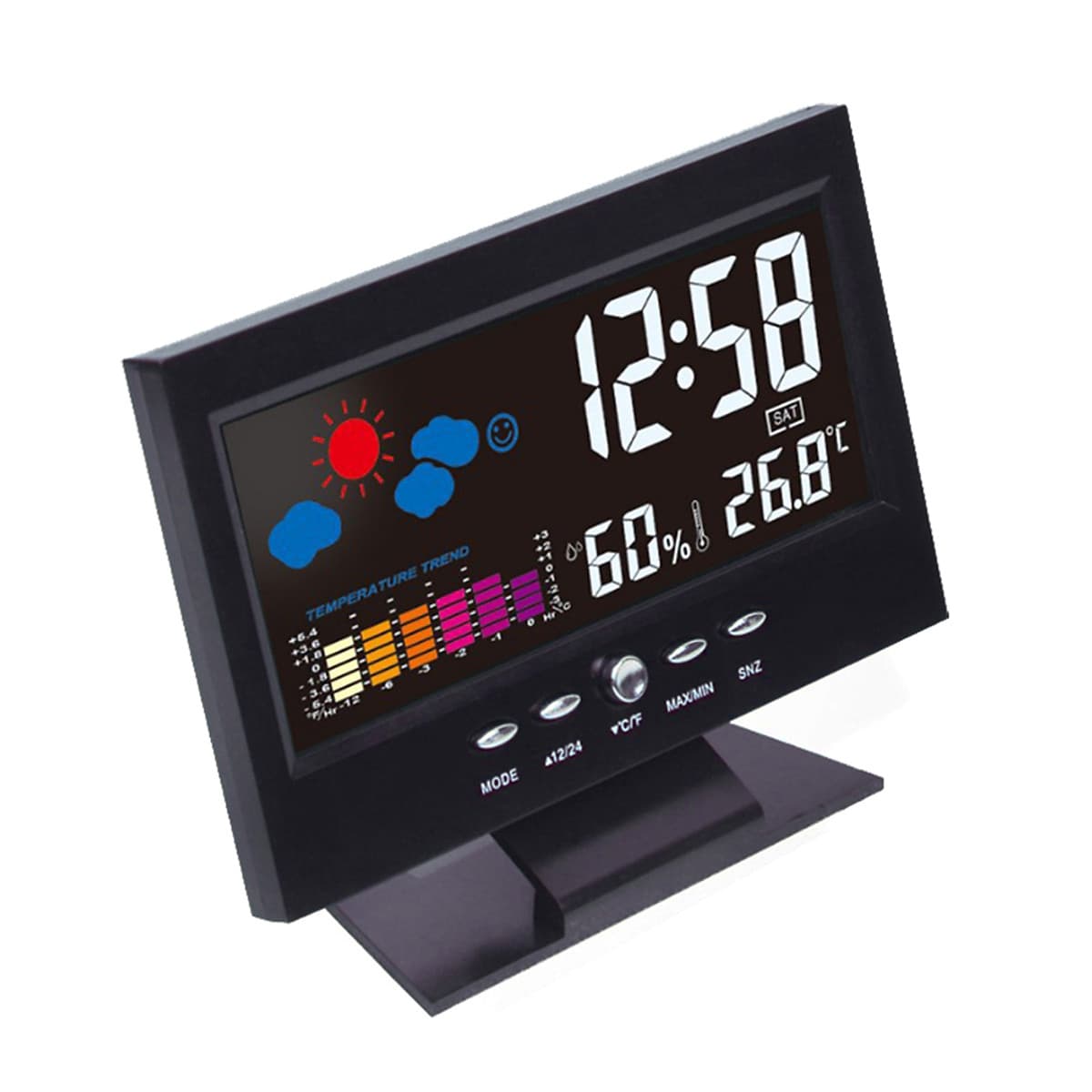 Đồng Hồ Báo Thức Điện Tử Đa Năng Có Màn Hình LCD Hiển Thị Thời Gian/ Ngày/ Tuần/ Nhiệt Độ/ Độ Ẩm/ Thời Tiết - Đen