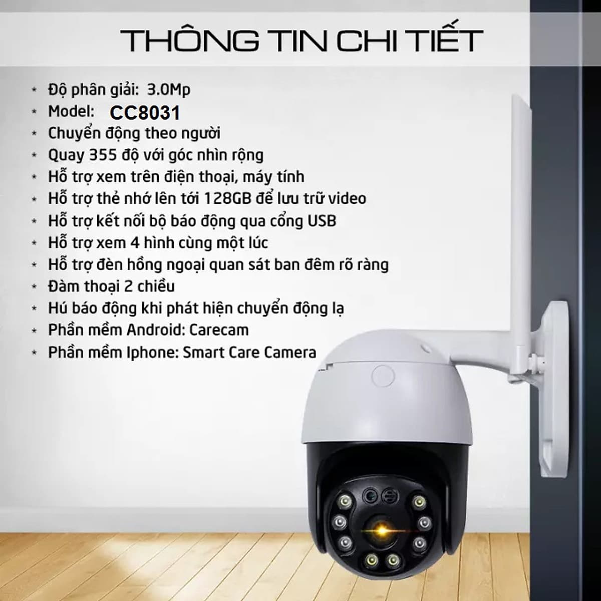 Camera Ip Wifi Ngoài Trời CareCam CC8031 Xoay 360 Độ 3.0MP Full HD 1536P - Hàng Chính Hãng