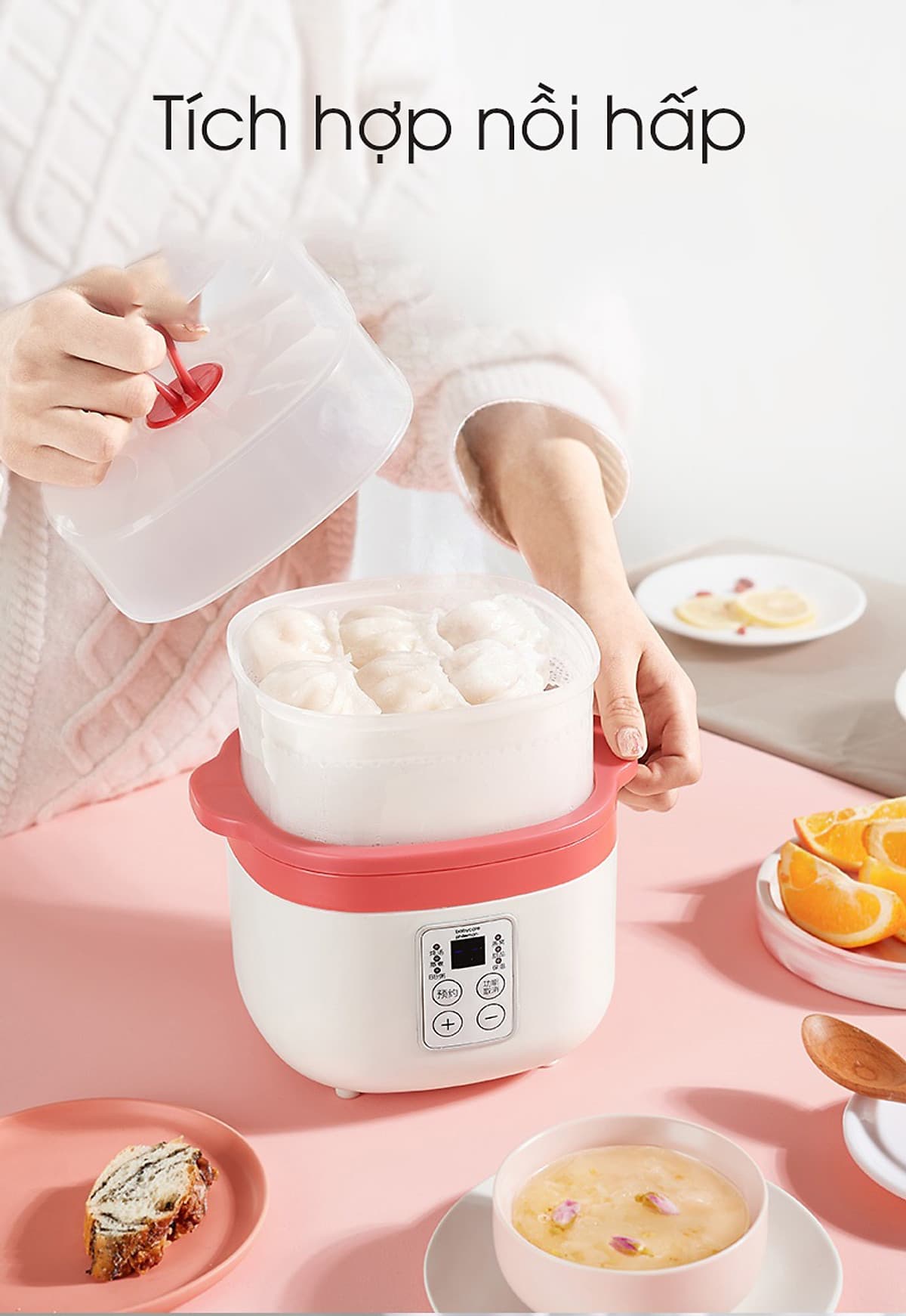 Nồi điện nấu cháo chậm đa năng bằng sứ ceramic KARPELLE (ANH) tự động, dành cho bé ăn dặm (hấp, nấu, chưng, hầm, hâm nóng) 0,8L (đỏ)