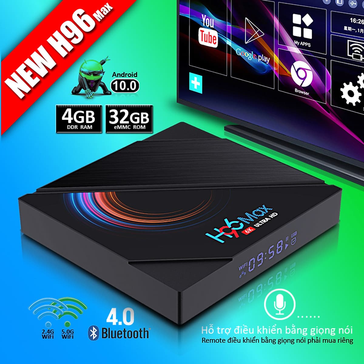 Android tivi box Ram 4G, bộ nhớ 32G, tìm kiếm bằng giọng nói, bluetooth 4.0, băng tần wifi kép, xem phim 4K sắc nét H96MAX