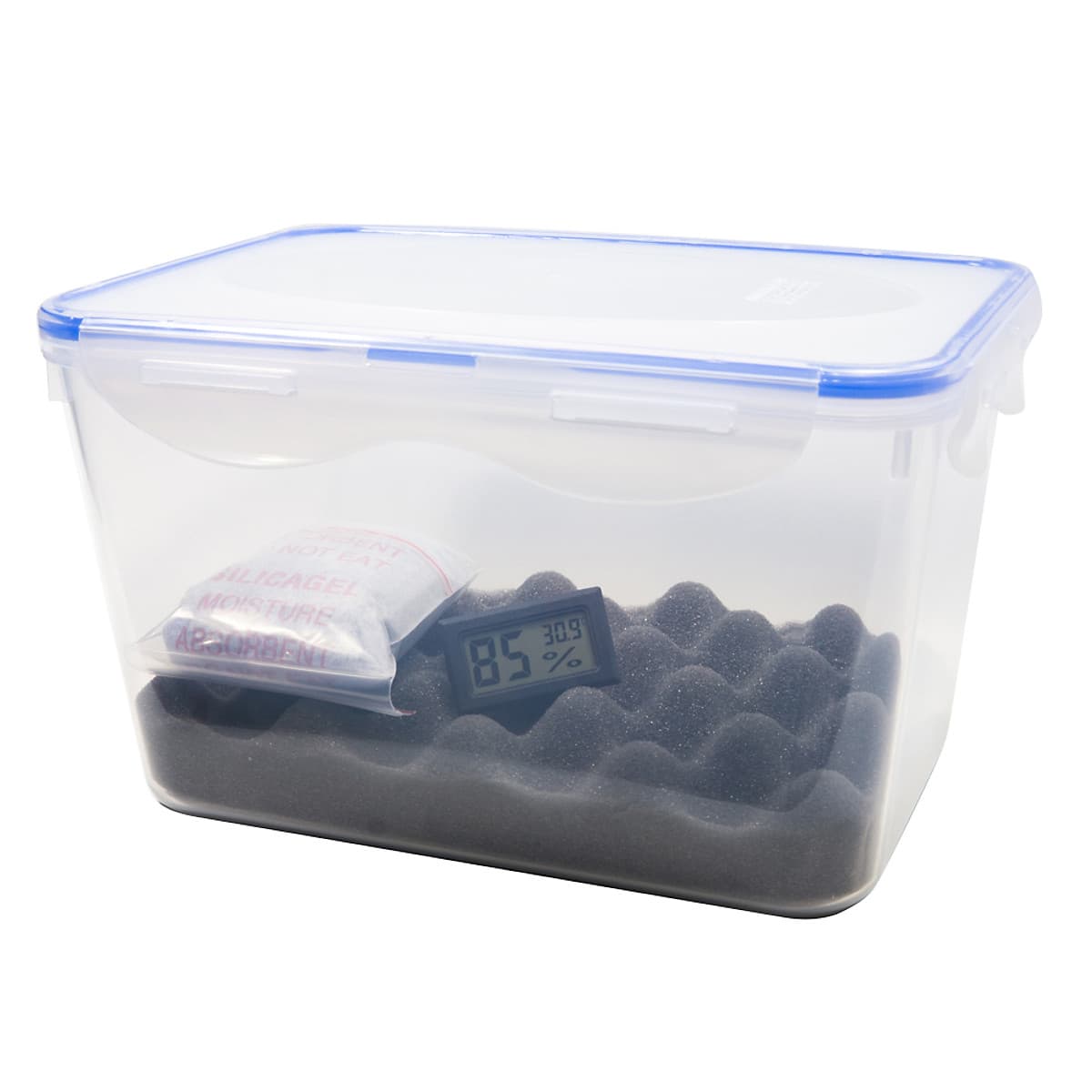 Combo hộp chống ẩm và ẩm kế, 100gram hạt hút ẩm xanh cho máy ảnh, máy quay phim - dung tích 5 lít (tặng mút xốp lót hộp)