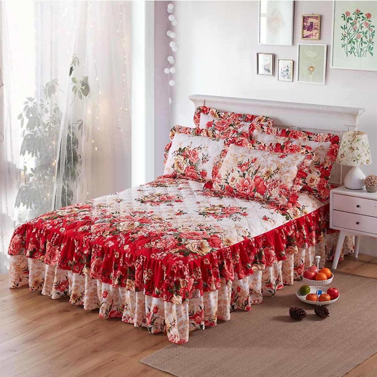 Ga Trải Giường Hai Lớp Họa Tiết Hoa Sang Trọng