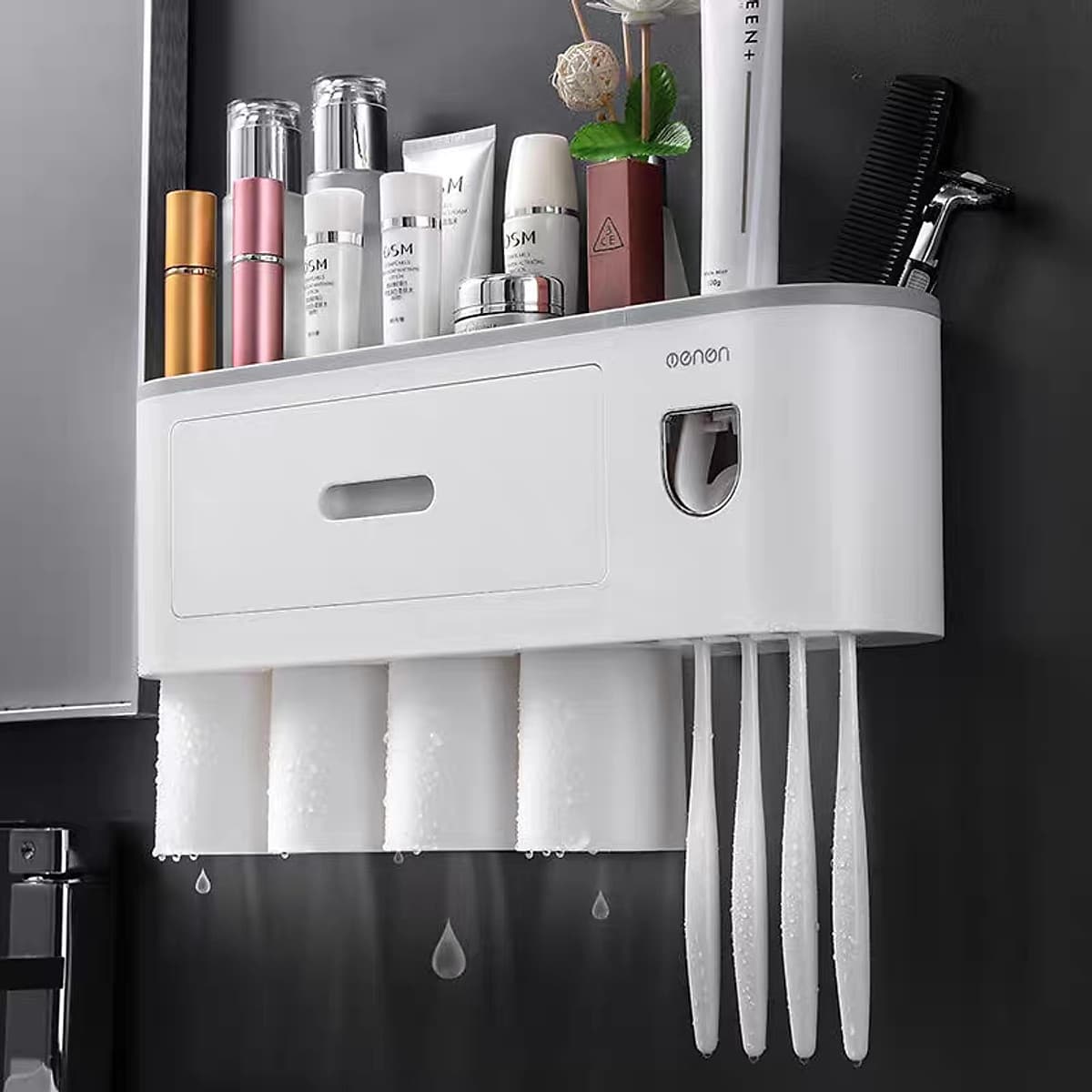 Bộ Nhả Kem Đánh Tự Động OENON, Kệ Treo Bàn Chải Nhà Tắmg Dán Tường Kèm Cốc Hút Từ Tính - OEKEM