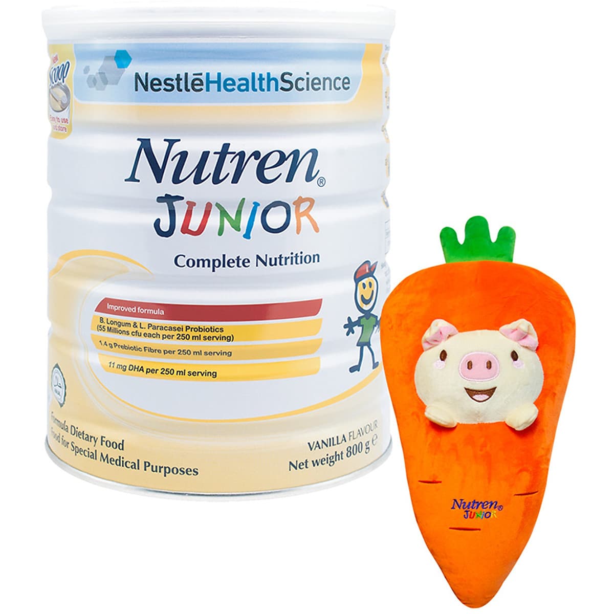 Sản Phẩm Dinh Dưỡng Y Học NUTREN JUNIOR Lon 800g - Tặng Gối Ôm Hình cà Rốt