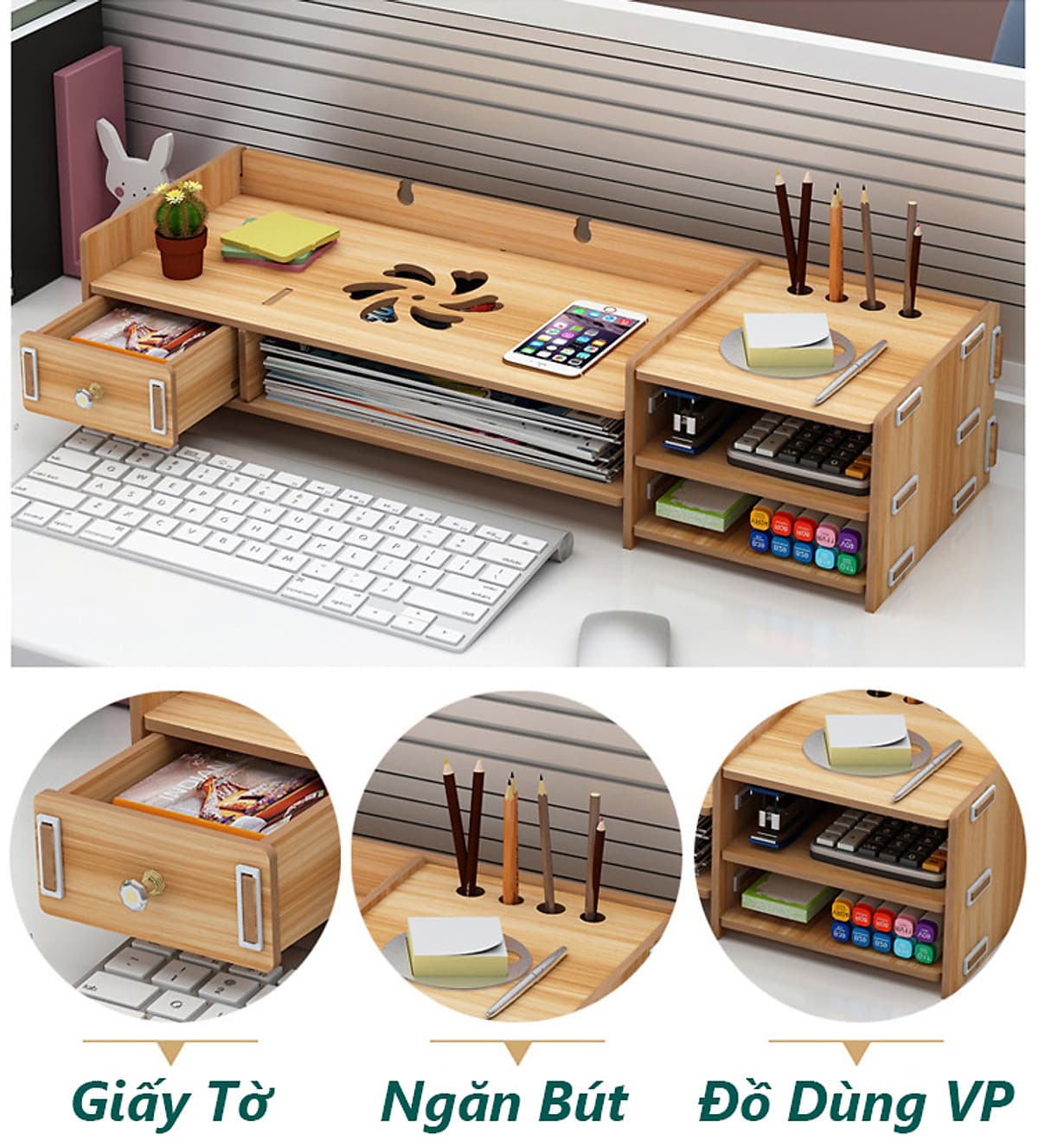 Kệ máy tính kệ sách kệ hồ sơ để bàn kèm cắm viết bằng gỗ 2 mẫu MỚI - Tặng kèm móc khóa khung hình thời trang