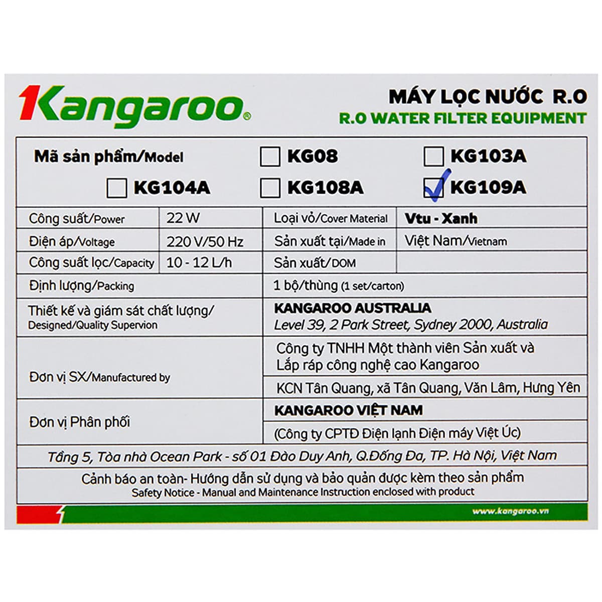 Máy Lọc Nước Kangaroo VTU KG109A - Hàng chính hãng
