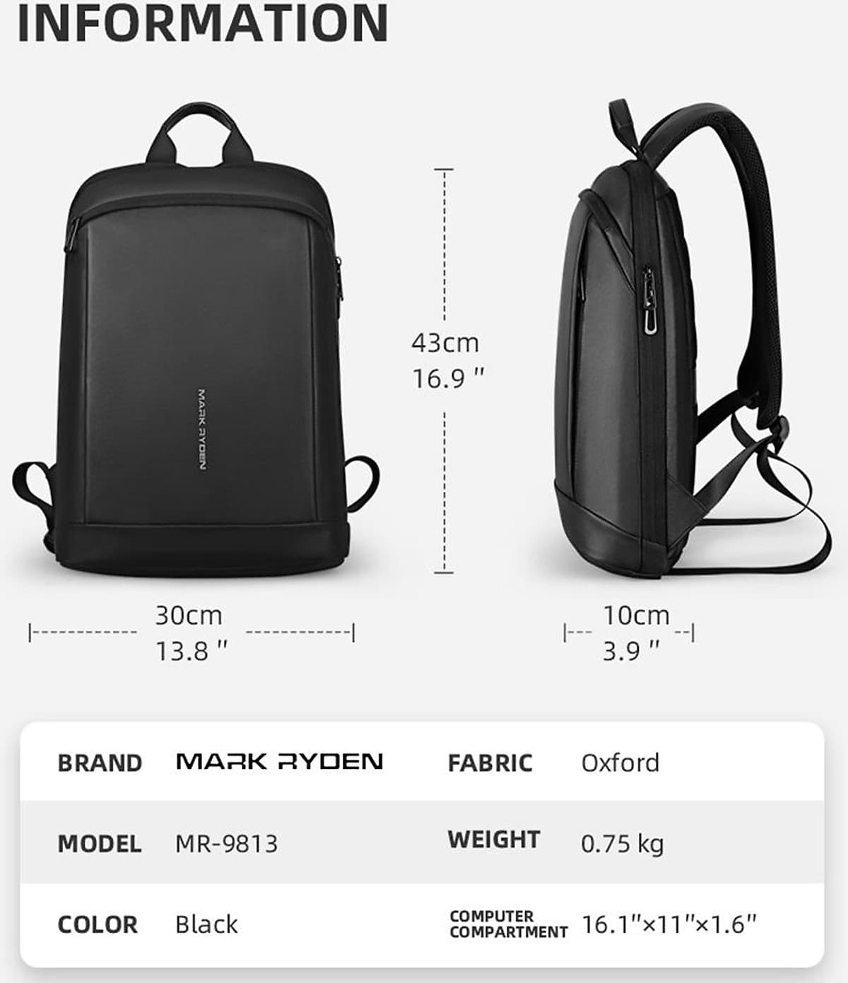 Ba Lô Chống Trộm Chống Nước MARK RYDEN Slim Laptop Backpack Men Thin   Back Pack 15.6 inch Work Man Backpack Business Bag Unisex Black Ultralight