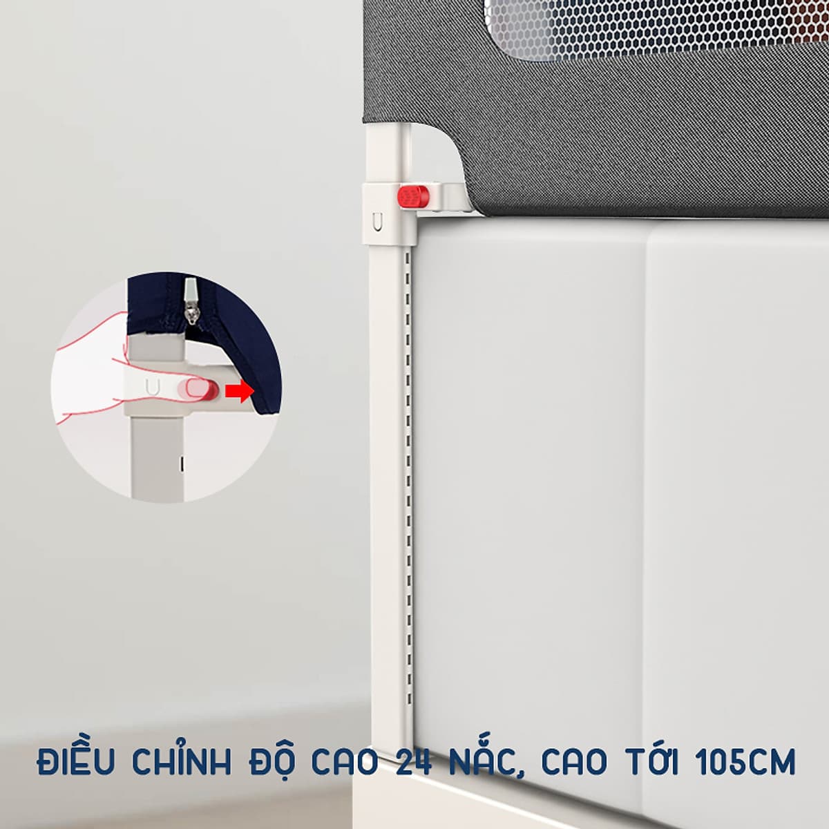 Thanh chắn giường cho bé an toàn cao cấp chống kẹt, cao tới 105cm, hạ được 1 góc, 24 nắc điều chỉnh mẫu mới nhất trượt lên xuống (Giá 1 thanh) 