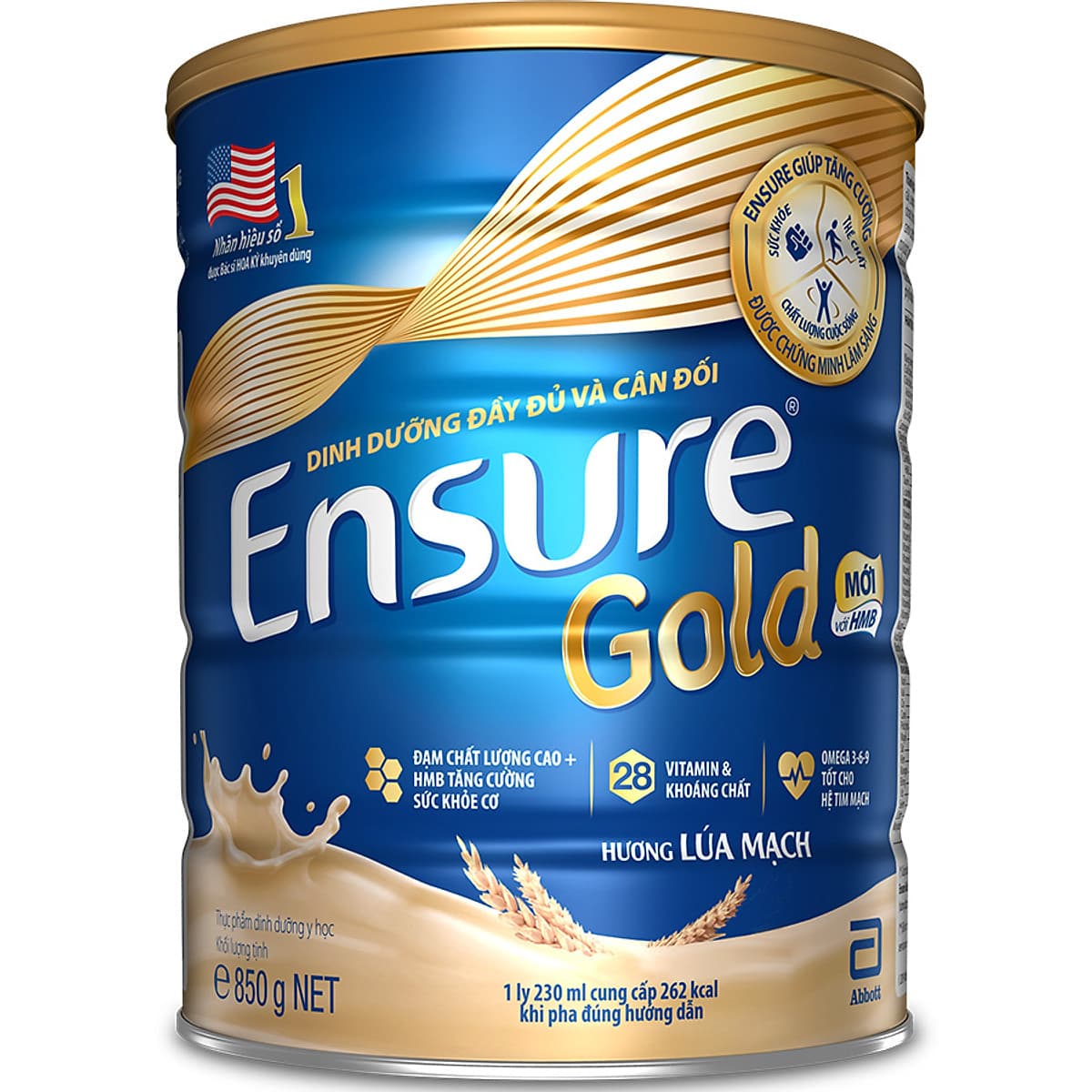 Sữa Bột Abbott Ensure Gold Hương Lúa Mạch Ít Ngọt 850g