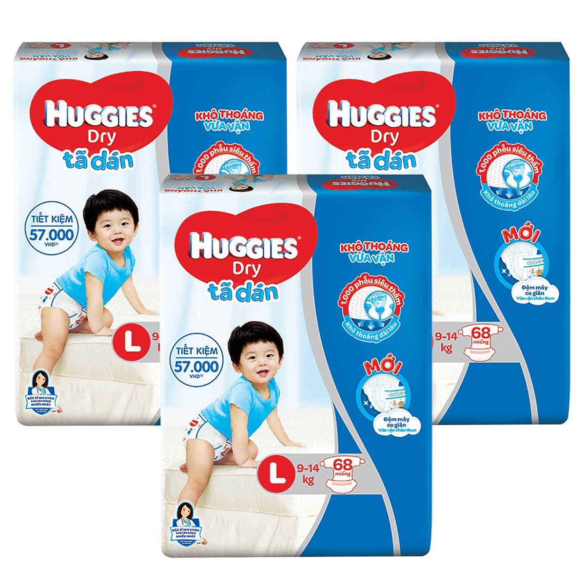Combo 3 Gói Tã Dán Huggies Dry Gói Cực Đại L68 (68 Miếng) - Bao Bì Mới