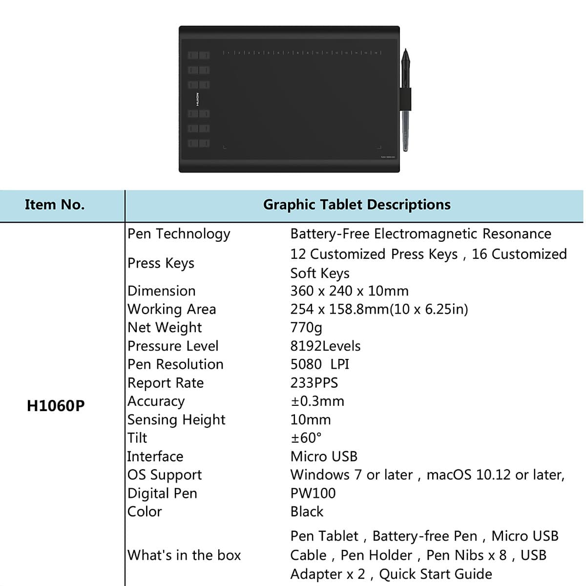Bảng vẽ micro USB Huion H1060P với 12 nút phím cơ đi kèm với bút vẽ lớn không pin