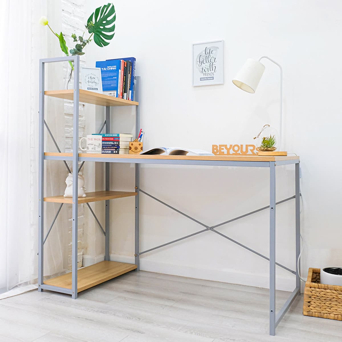 Bàn Làm Việc BEYOURs Neuly Table Gỗ Chân Sắt Phối Kệ Sách Đa Năng