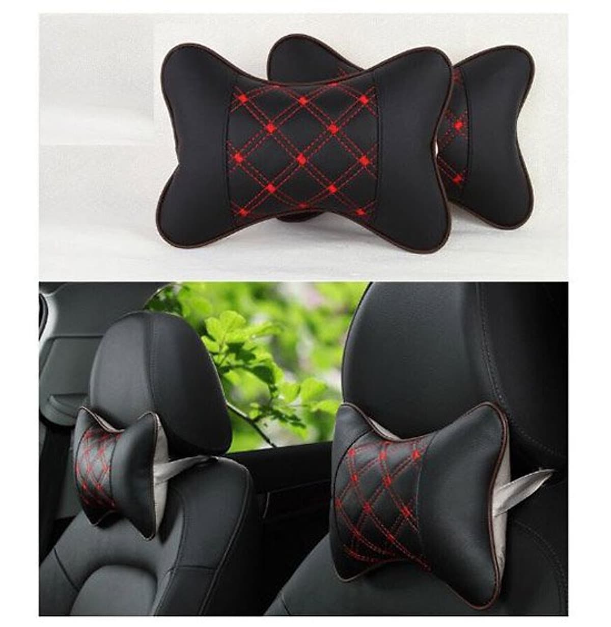 Combo Đệm Tựa Lưng Massage Và Gối Tựa Đầu Xe Hơi ( Ô Tô ) Chống Mỏi Cổ - Hàng Cao Cấp - Siêu Đàn Hồi - Thiết Kế Ôm Vừa Vặn Ghế Xe Hơi - Màu Chỉ Đỏ Trang Nhã