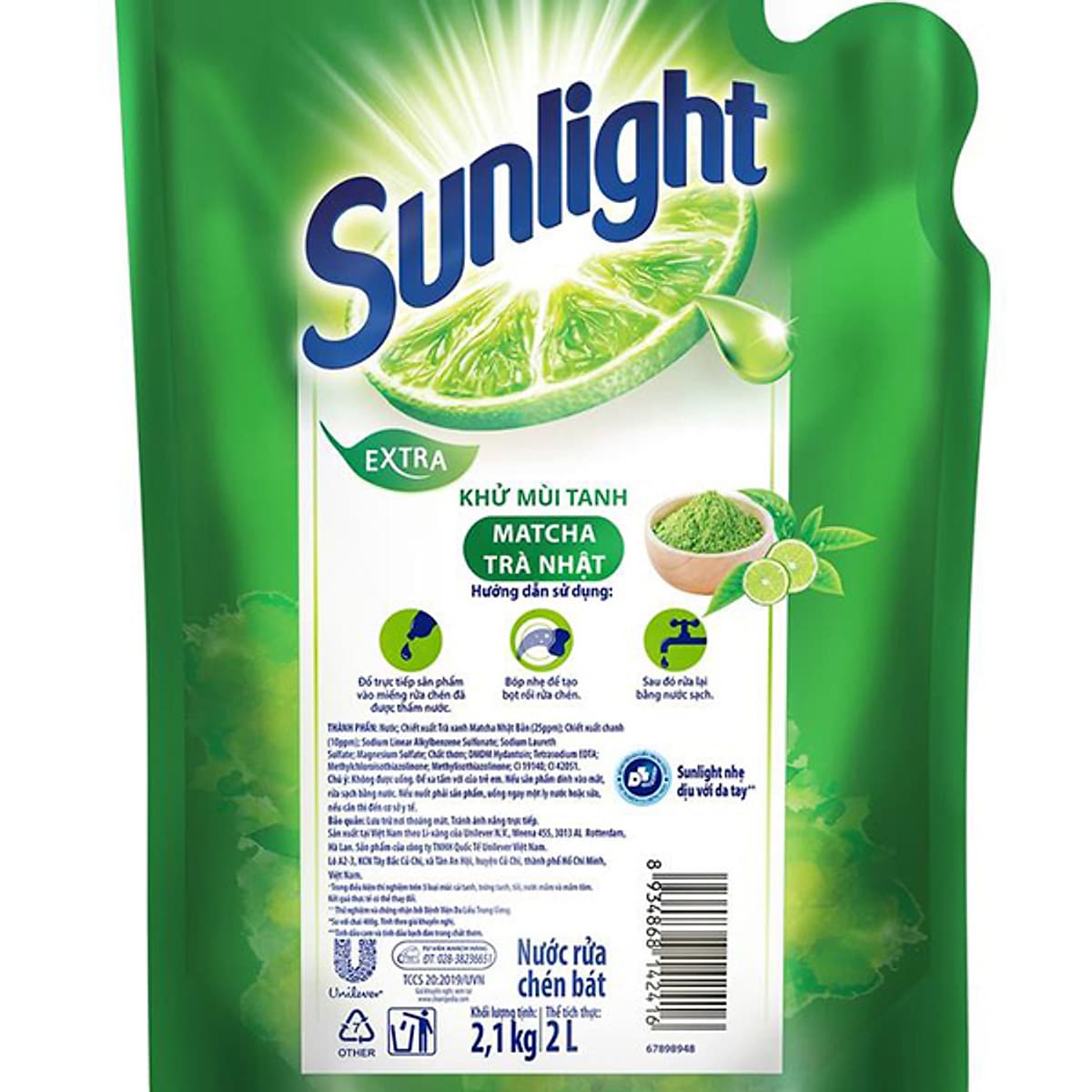 Combo 2 Nước Rửa Chén Sunlight Khử mùi tanh Matcha Trà Nhật (2.1kg x 2)