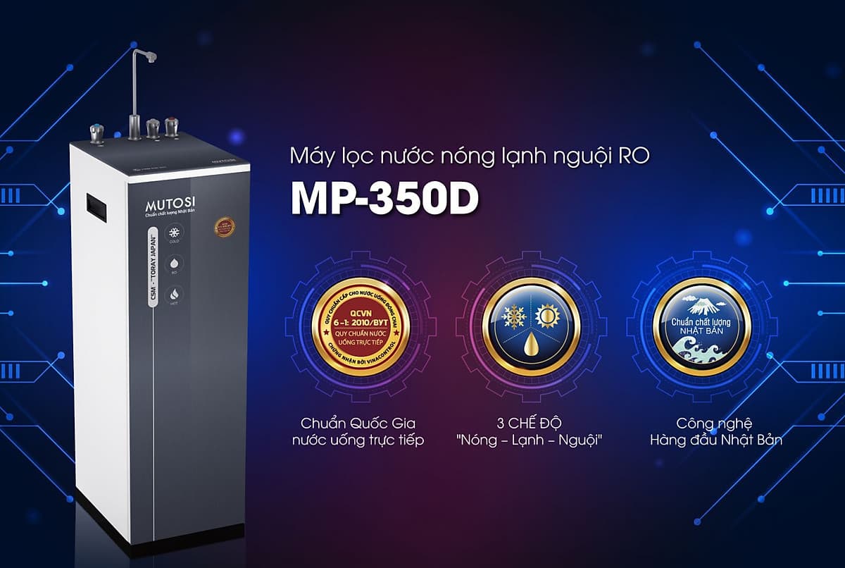 Máy lọc nước RO 3-in-1 nóng lạnh nguội Mutosi MP-350D-GR - Tủ đứng, 8 cấp lọc, công suất  10L/h - Hàng chính hãng