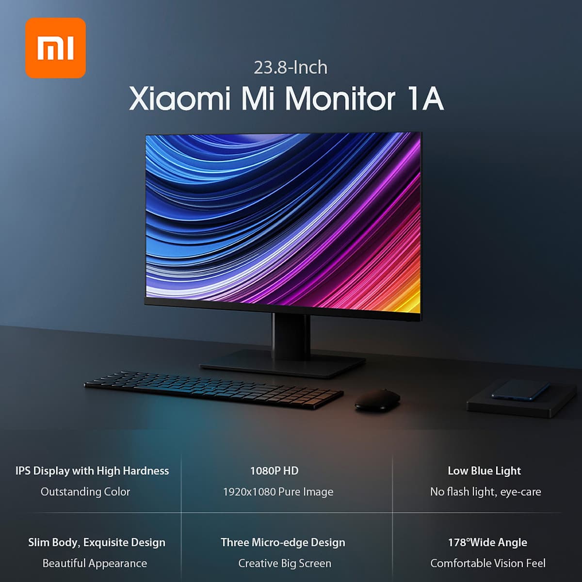 Màn hình chơi game Xiaomi Mi 1A model XMMNT238CZ 23.8 inch với hình ảnh tinh xảo và độ phân giải 1080P HD 1920x1080P IPS 178 hạn chế ánh sáng xanh giúp bảo vệ mắt  