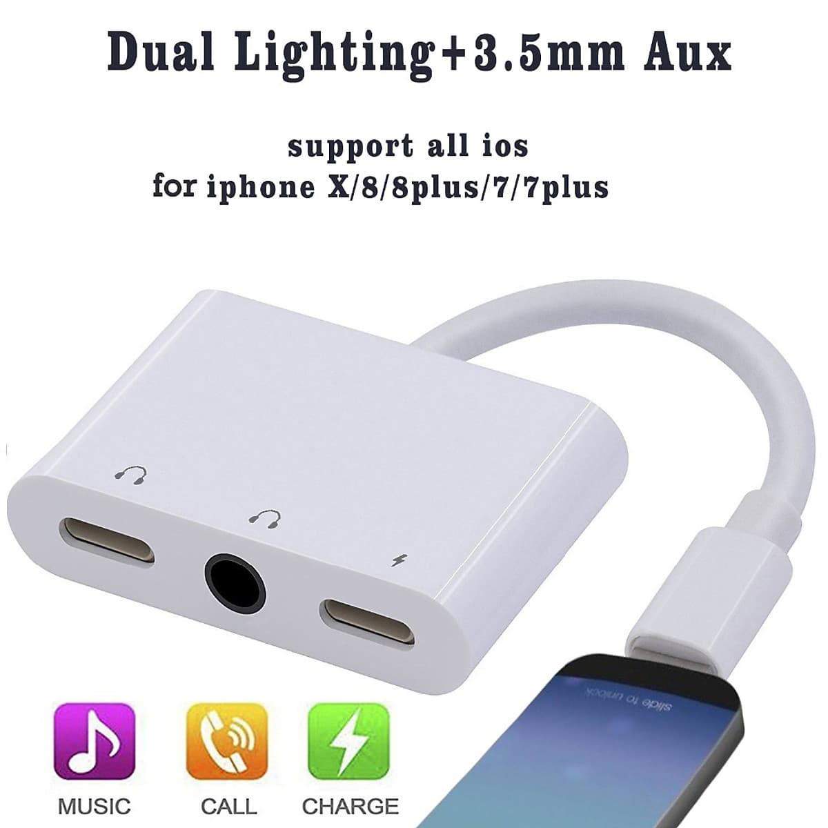 Adapter Chia Cổng Lightning Thành 2 Cổng Âm Thanh 3.5mm Và 1 Cổng Sạc - Trắng