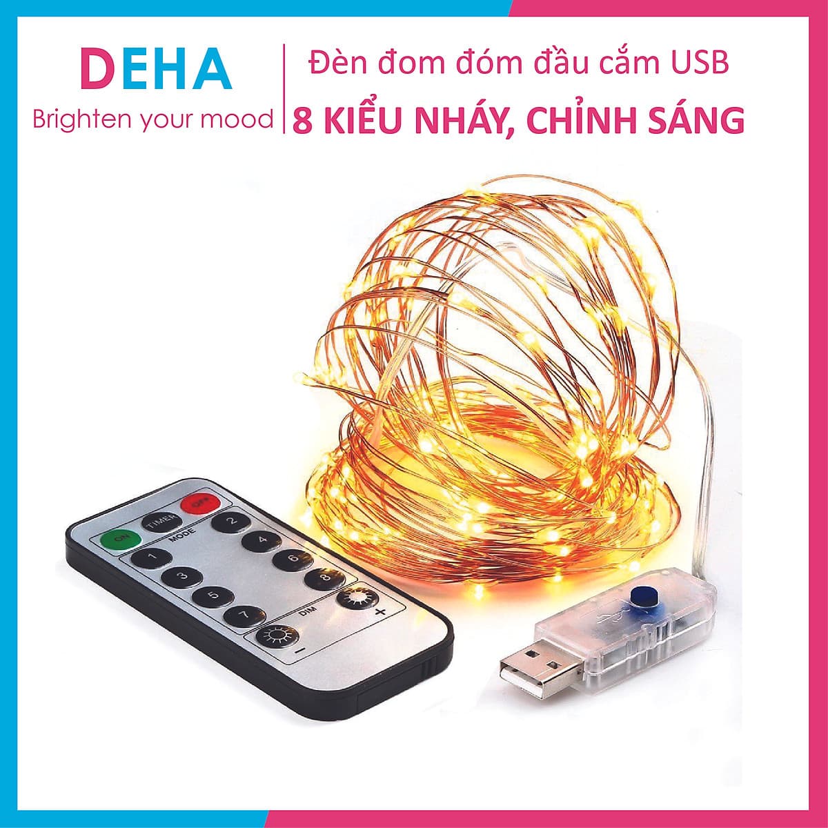 Dây đèn led đom đóm DEHA trang trí nguồn USB kèm điều khiển 8 chế độ nháy vàng nắng