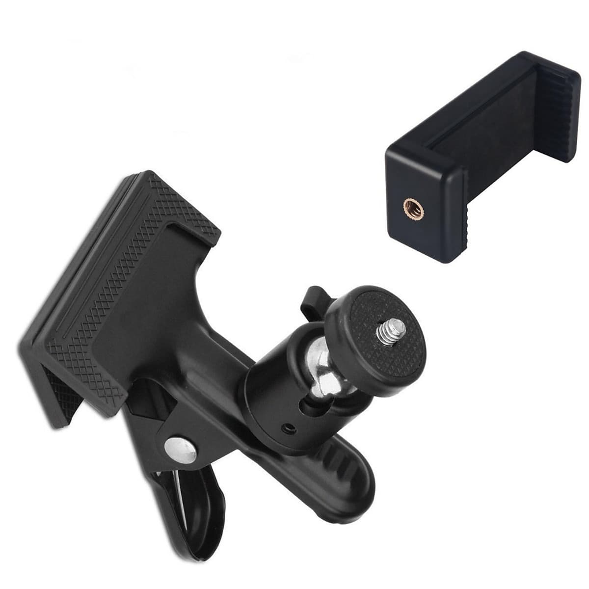 Kẹp điện thoại đa năng vào thân tripod / giá đỡ 3 chân, hoặc vào bàn ghế, cửa kính hỗ trợ livestream, chụp ảnh, quay video nhiều máy